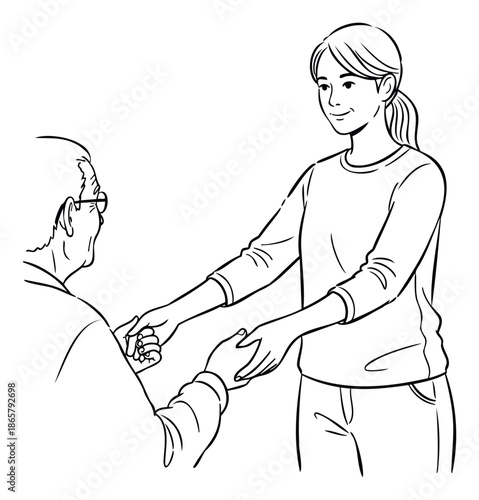 Young Asian woman extending her caring hands to an elderly man, symbolizing intergenerational support and empathy, ideal for healthcare, family bonding, and senior care services promotions.