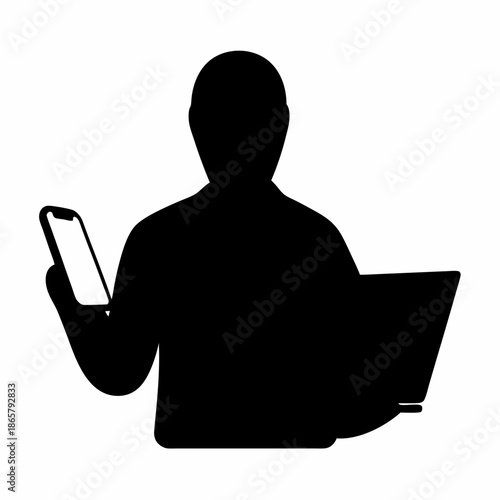 Professional silhouette engaged in multitasking with smartphone and laptop for digital work Vector, illustration