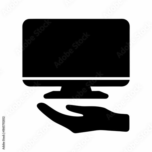 Computer monitor being offered or supported by a helping hand, symbolizing tech service Vector, illustration