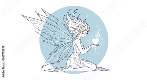 Ethereal and beautiful fairy with intricate wings holding a magical, glowing heart, drawn in a delicate blue line art style.