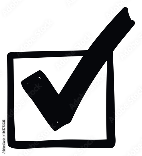 A bold hand drawn checkmark symbol within a square box ideal for indicating completion, success, agreement, selection, or voting in various digital and print applications.