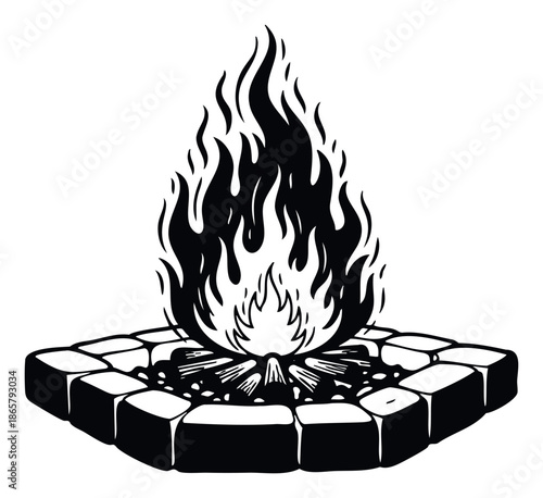 Bold graphic representation of a roaring campfire set within a circular stone enclosure, conveying feelings of warmth, wilderness, and social outdoor activities.