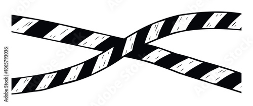 Black and white striped crisscross tape signifying a restricted zone or potential hazard, ideal for safety information graphics, construction site alerts, or secure area designations.
