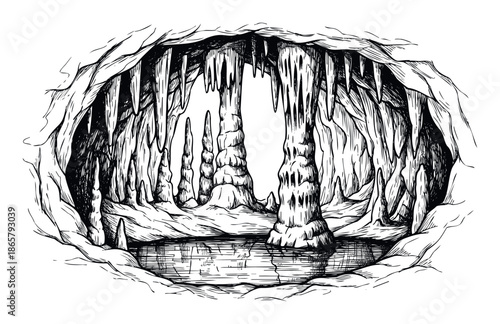 Engraved style depiction of a wondrous subterranean cavern featuring numerous hanging stalactites and rising stalagmites surrounding a still natural pool ideal for geological studies and
