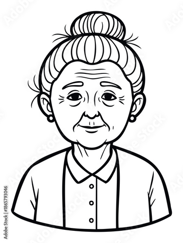 Simple black and white line drawing of a smiling elderly woman with a bun, perfect for coloring books, educational resources, or basic graphic representation.