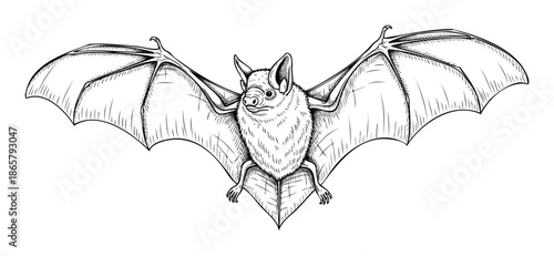 Detailed hand drawn bat with wide spread wings in a vintage ink sketch style, perfect for animal conservation themes or spooky Halloween holiday projects