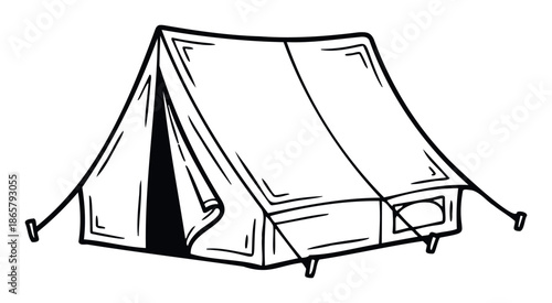 Simple black outline drawing of a traditional camping tent, perfect for illustrating outdoor adventure, nature exploration, and travelrelated promotions or graphic presentations.
