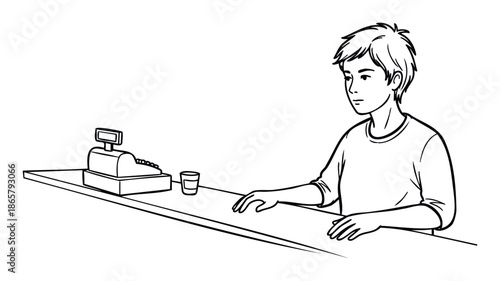 Youthful person attending a service counter with a traditional cash register and a beverage, ideal for depicting store operations, retail transactions, or customer service interactions in