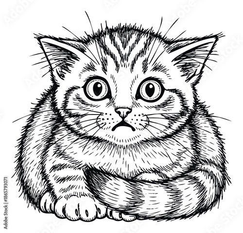 Adorable fluffy kitten with big curious eyes drawing, perfect for childrens stories, pet shop advertising, or cute animal themed apparel and stationery products