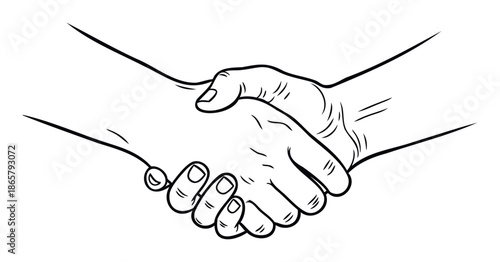 Simple outline drawing of two hands engaged in a firm handshake symbolizing agreement collaboration and trust ideal for business themes or friendly greetings