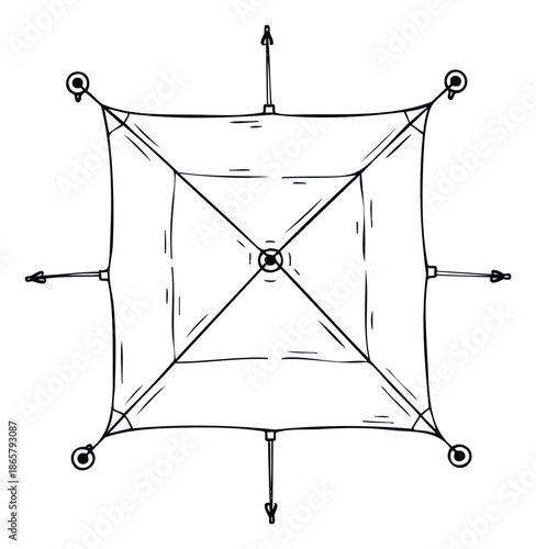Overhead view of a sturdy square outdoor camping tent or sun canopy providing essential shelter for recreational activities and nature excursions