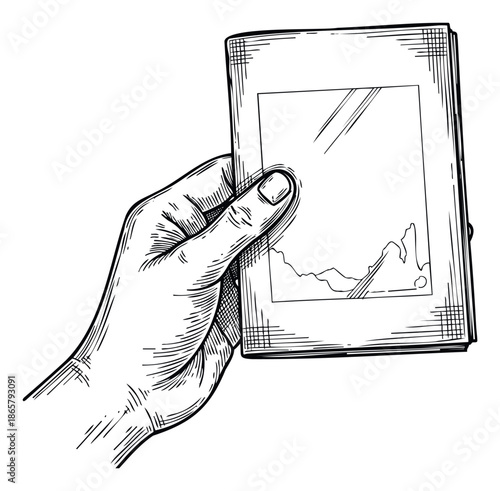 Engraved human hand firmly gripping a rectangular journal with a blank inner section, ideal for expressing ideas of learning, personal stories, or professional documentation across various