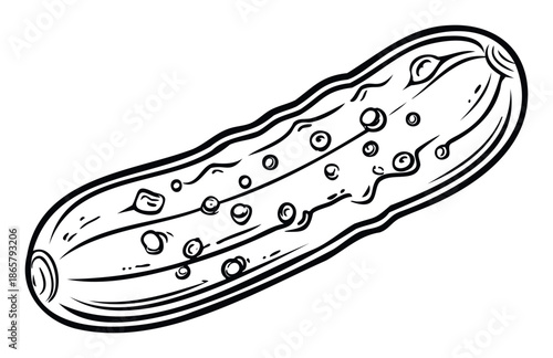 Monochrome hand drawn style vegetable graphic representing a fresh cucumber or pickle with distinctive features, suitable for a variety of foodthemed designs, logos, or educational
