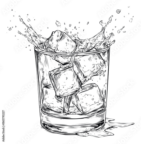 Dynamic line drawing of ice cubes splashing into a glass of refreshing beverage, ideal for menus, advertisements, or recipe layouts.
