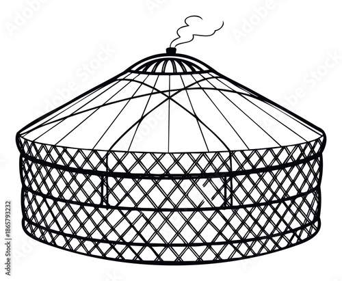 Hand drawn black and white line drawing depicting a traditional yurt tent with a smoking chimney, suitable for educational content, travel publications, and historical reference material.