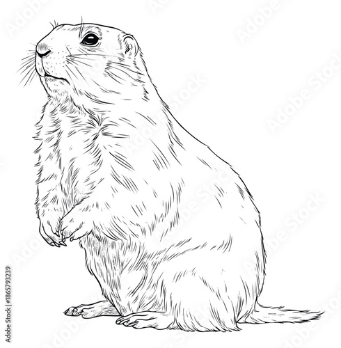 Captivating black and white line drawing of a prairie dog standing upright on its hind legs, attentively observing, perfect for nature publications, educational materials, and wildlife