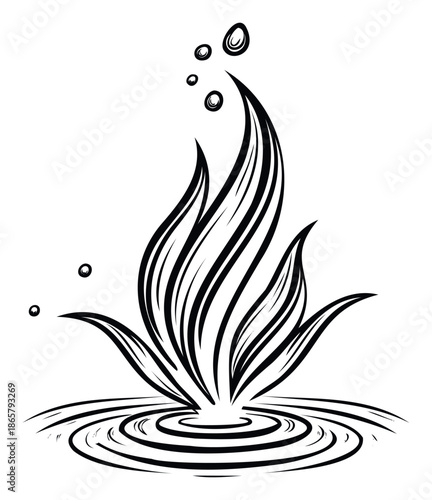 Graphic representation of an aquatic plant or flame rising from water with ripples and bubbles, ideal for themes of nature, growth, purity, energy, and serene environmental applications