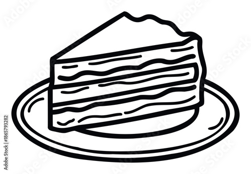 Simple handdrawn black outline illustration of a delicious layered cake slice served on a round plate, perfect for bakery menus, recipe book covers, or sweet food blogs.