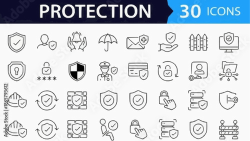 set of icons for web Protection Web Icon Set Line Style – Security & Cyber Safety Linear Icons with Editable Stroke