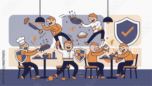 group of business people Cartoon Food Fight Chaos in Restaurant with Flying Dishes and Playful Characters
