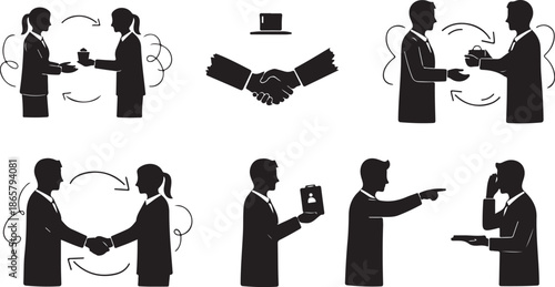 Business People Shaking Hands and Interacting in Various Professional Settings