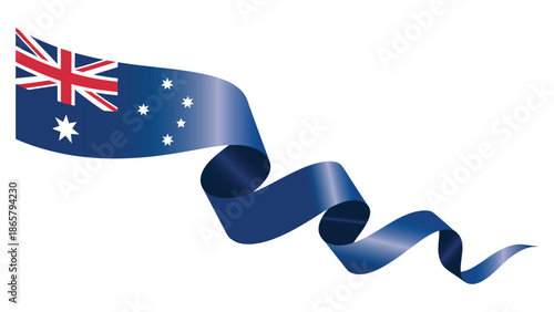 Waving Australian flag ribbon isolated on white background, national symbol of Australia for celebration, independence, travel and patriotic design