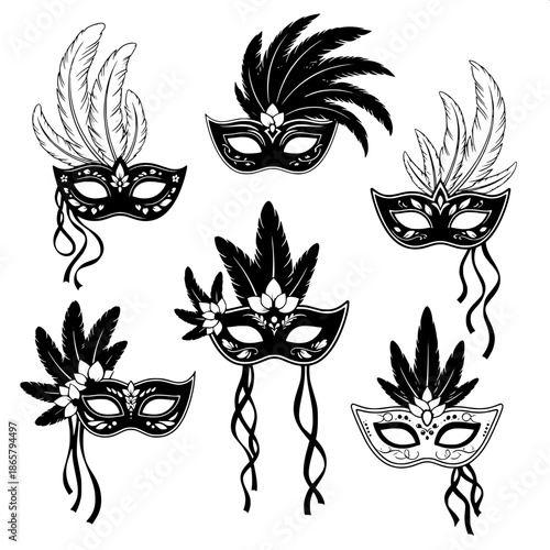 “Minimalist vector artwork of black silhouette masquerade masks, featuring feathers, ribbons, and floral details, crisp edges, modern graphic design aesthetic.”
