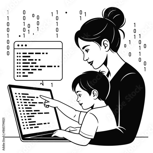 Mom Teaching Child Coding on Laptop with Binary Code Educational Computer Programming for Kids Early Tech Learning Future Skills Together