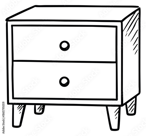 Hand drawn line art illustration of a nightstand depicting bedroom furniture for interior design