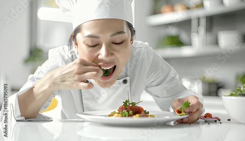 Asian Chef Decorating Delicious Gourmet Food Dish With Fresh Herbs In A Bright Professional Kitchen Setting