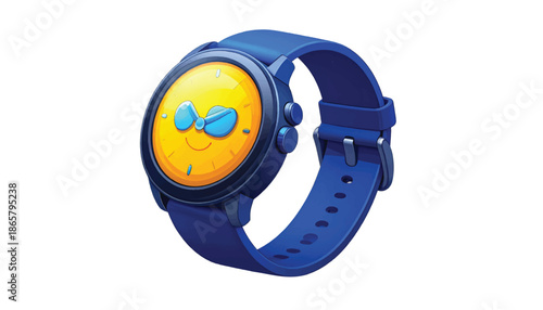 Blue smartwatch with yellow face and cartoon eye design on display.