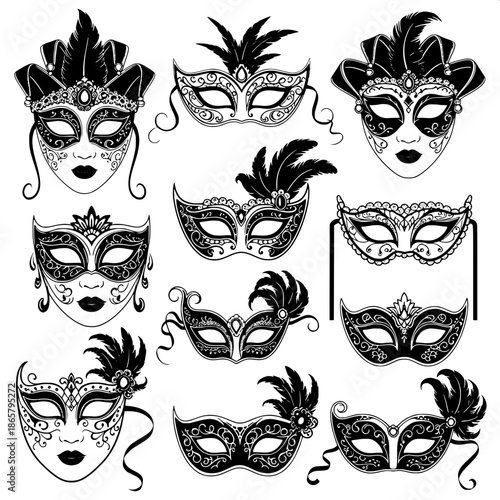 “Elegant masquerade mask collection, black silhouettes on pure white background, clean digital illustration, decorative carnival theme.”
