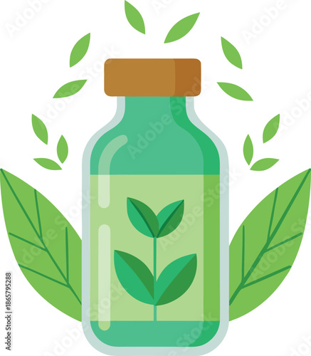 Illustration of a green glass bottle containing a natural herbal remedy or supplement surrounded by vibrant green leaves symbolizing organic health and botanical purity for wellness concepts
