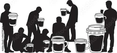 Silhouettes of people holding and sitting with large coffee cups