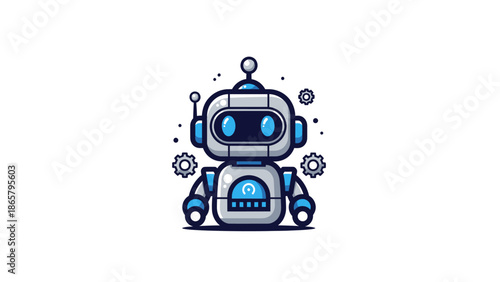 Cute Cartoon Robot Character with Blue Eyes and Gears.