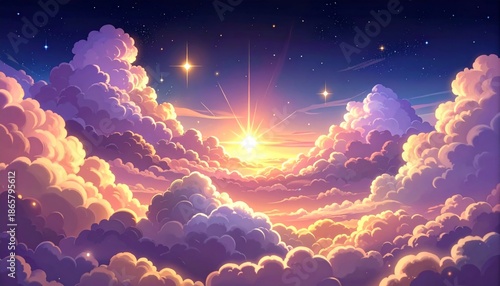Vibrant cartoon clouds at sunrise with stars in the sky.