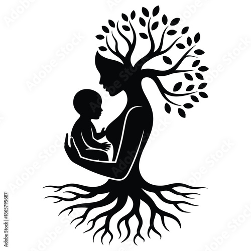 Motherhood Tree Silhouette Symbolizing Growth Nurturing and Strong Maternal Connection with Baby in Arms Representing Life Cycle Support and Family Roots
