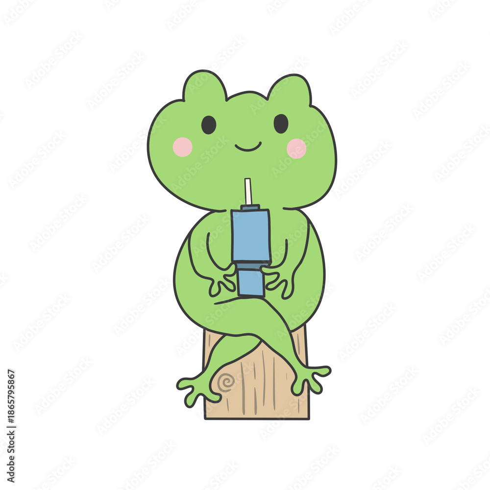 Obraz premium Cute Frog Character Holding Thermos in Flat Cartoon Style