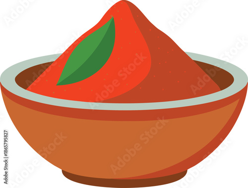 Vibrant illustration depicting a mound of richly colored red powder spice, possibly chili or paprika, resting inside a rustic brown ceramic bowl garnished simply with a single green leaf accentuating 
