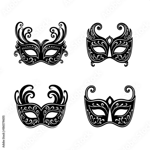 “Flat lay of ornate Venetian masquerade masks in black silhouette, evenly spaced grid layout, sharp lines, no texture, vector art.”