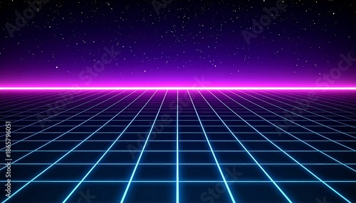 Retro futuristic neon grid landscape with glowing purple horizon.