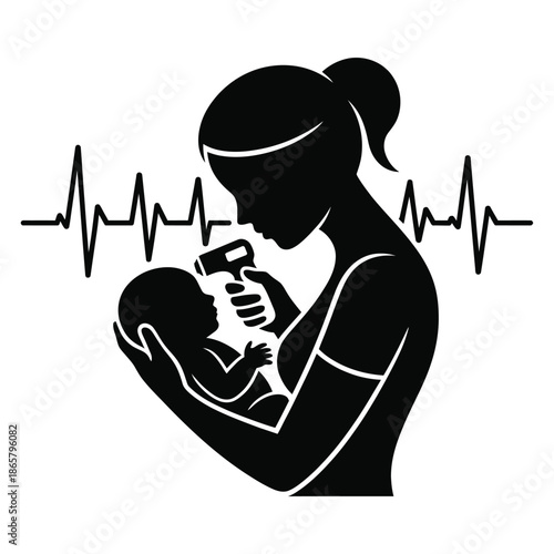 Mother taking newborn baby temperature with contactless thermometer while holding gently with love and care in maternity clinic during health checkup