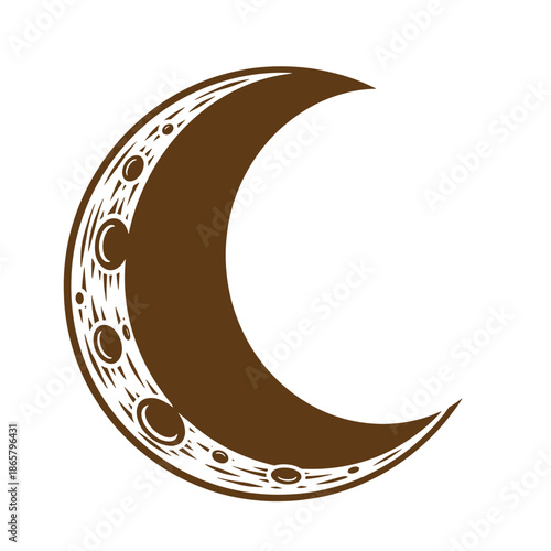 Vintage Brown crescent moon with craters and textured surface  isolated on transparent background