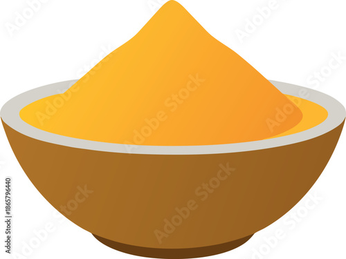 Vibrant yellow spice powder neatly mounded inside a simple brown and grey ceramic bowl illustrating a fundamental ingredient used extensively in various global culinary traditions for colou and flavou