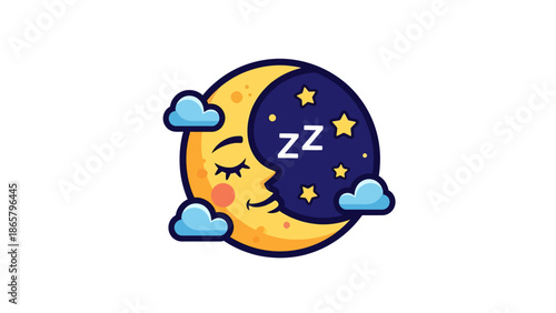 Cute cartoon sleeping moon with stars and clouds.