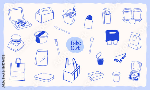 takeout food icons elements hand drawn collection set