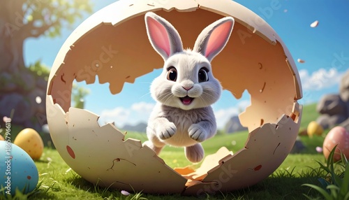 Adorable Easter bunny emerging from a cracked eggshell in a sunny meadow.