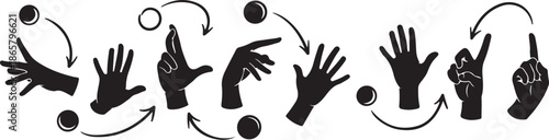 Hand gestures and signs in black silhouette on white background