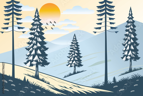 Winter Landscape with Snow-Covered Hills, Pine Trees sunrise and birds. Nature background for Christmas or New Year. Peaceful wintertime scene.