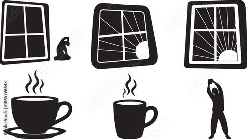 Morning Routine Silhouettes with Coffee and Windows